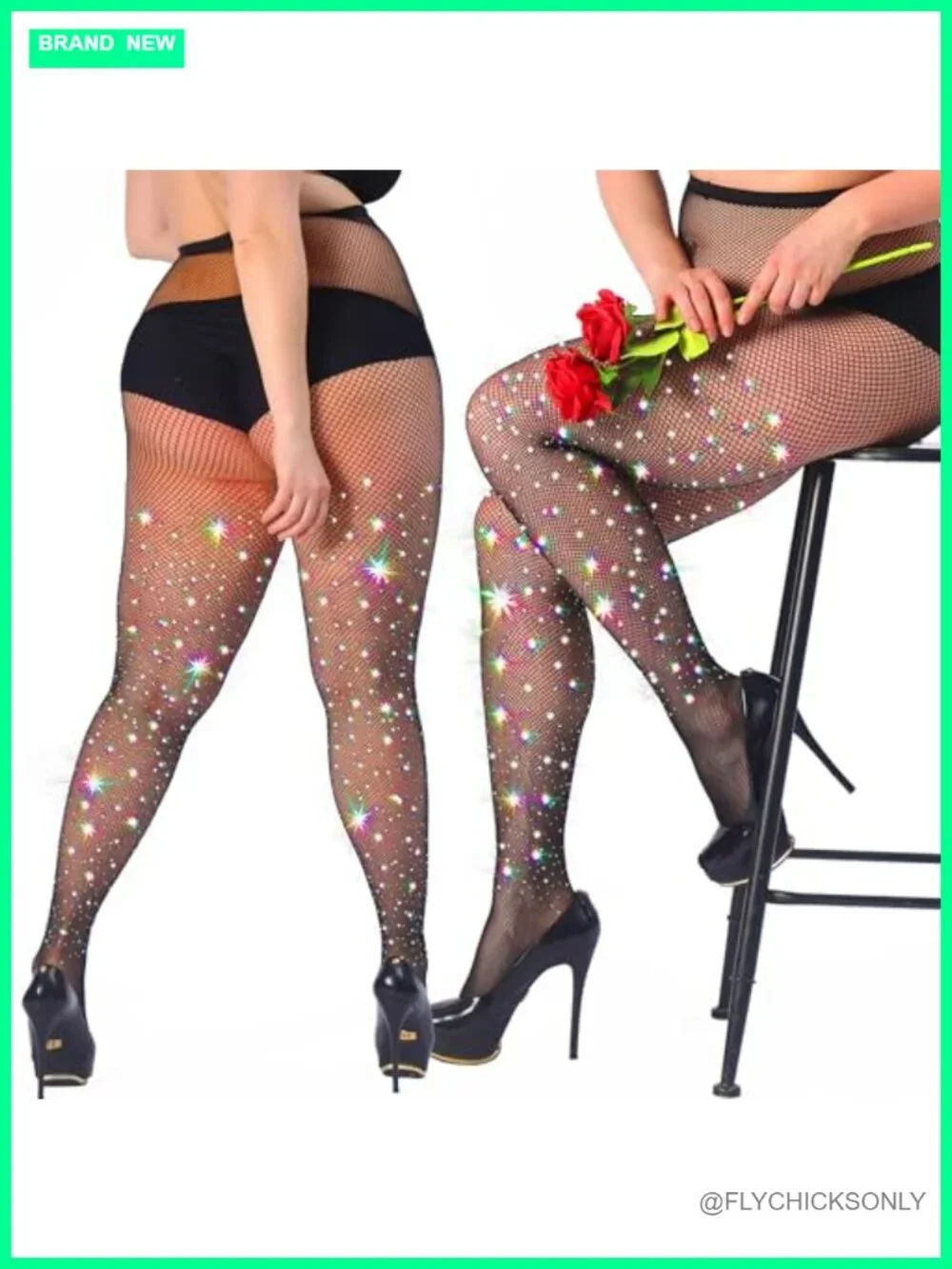 Plus Size Rhinestone Fishnet Tights, Ultra Sparkly High Waist Stockings